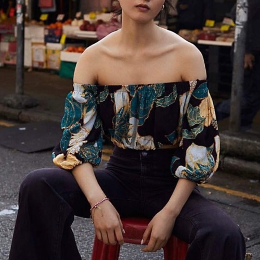 Free People crop tropical print off shoulder top